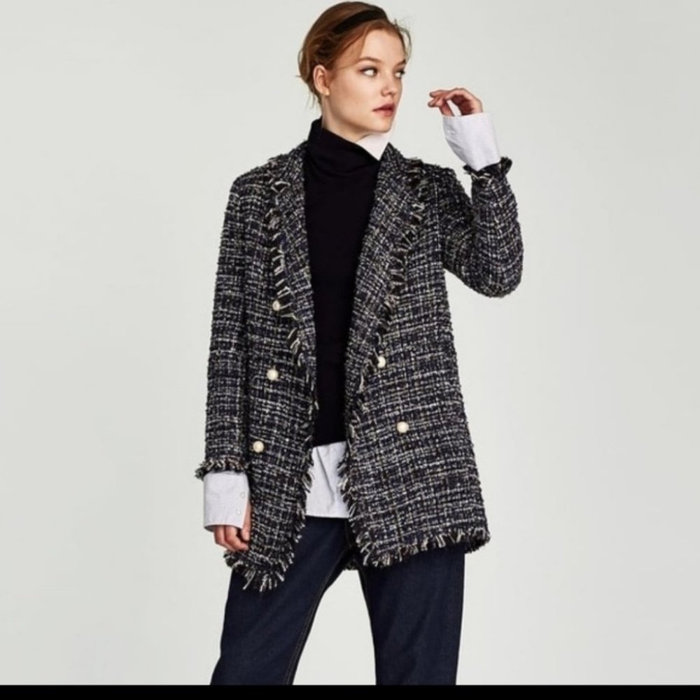 ZARA Long Tweed Jacket Blazer with Pearl Beads sz XS